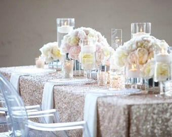 high end luxury sequin tablecloths for the ultimate wedding or event - champagne, blush, nude, white, black, gold and many more!