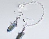 Cuff Silver Plated Earrings with Blue Brilliants! Dangle Earrings 4 Inch Silver Plated Chain French Hooks