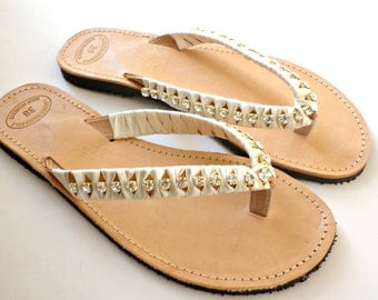 Wedding sandals with gold crystal rhinestone ivory satin ribbon- Greek leather flip flops-Summer sandals-Gold rhinestone decorated sandals-