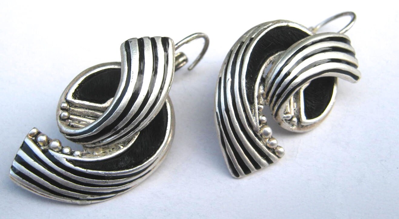 Vintage Earrings, Silver Tone and Black Earrings, Art Deco Style ...
