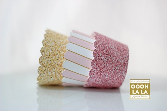 MADE TO ORDER Pink and Yellow Gold Glittered-Style/ Faux Glitter Cupcake Wrappers Il_570xn