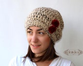 Woman hat Slouchy Beanie, Slouchy Hat Hand Crocheted Hat camel white with wine red pom pon