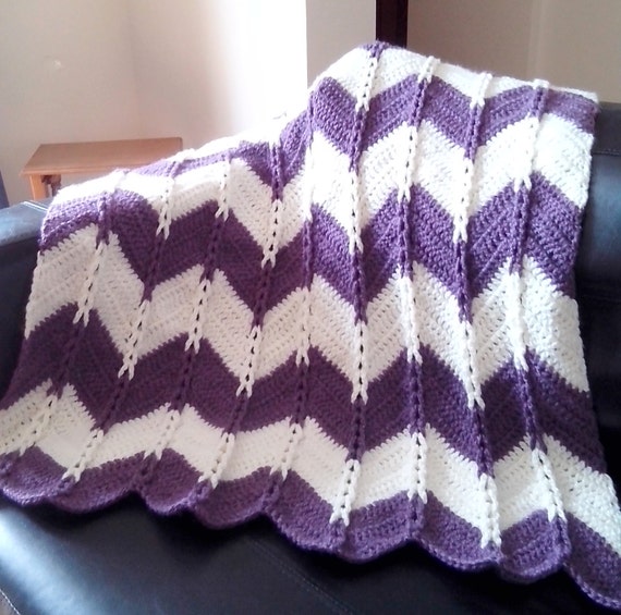 Crochet Chevron Blanket Purple and Cream Afghan