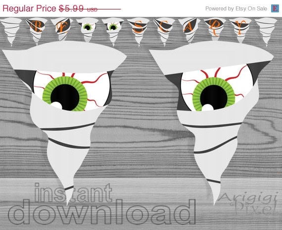 ON SALE 50 % OFF instant download, printable Halloween garland, mummy, spooky eyes, gray, green eyeballs, '' be scary '' text, party banne Il_570xn