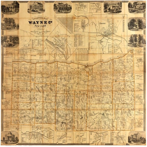 Wayne County New York 1858 Old Wall Map Reprint with