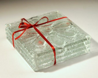 Clear Daisy Glass Coasters - Set of 4 Fused Glass Coasters with Flower Design