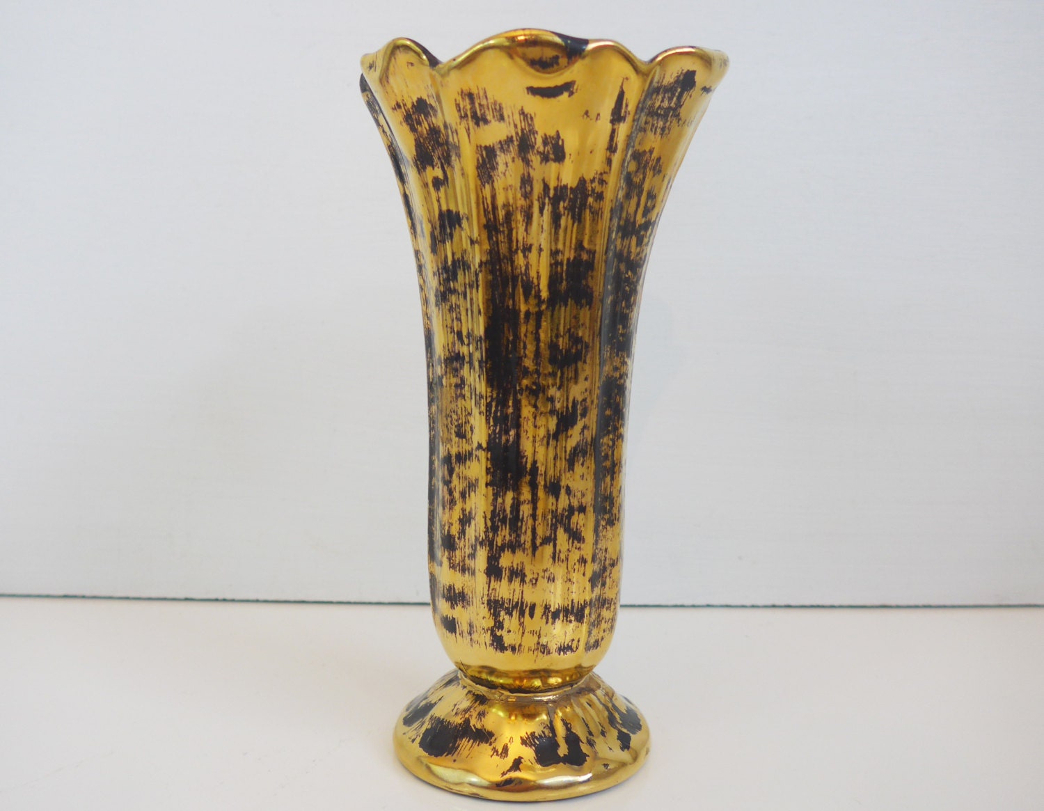 Mid Century Stangl Black Gold Vase Vintage Stangl Black Scalloped