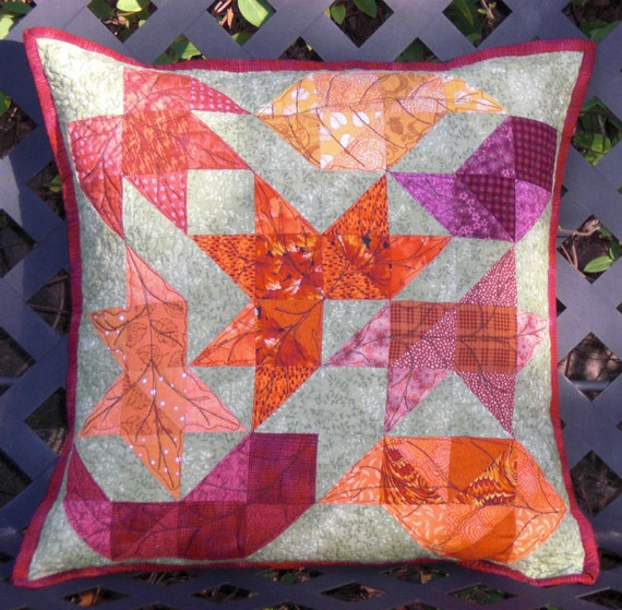 Autumn Leaves Quilted Throw Pillow Cover Green Orange Red