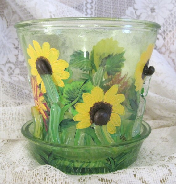 Hand Painted Glass Flower Pot Lime Green
