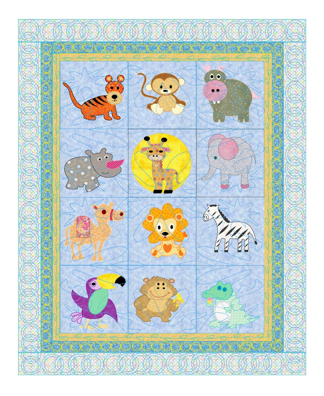 Baby Quilt Pattern Animals Safari Pets 12 animals from the