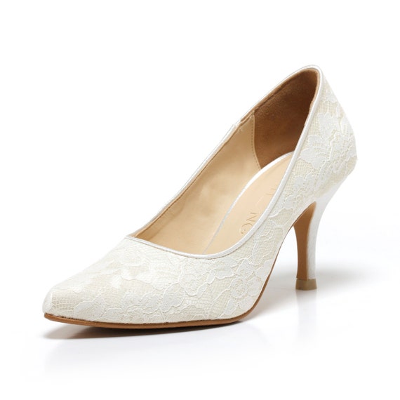 Items similar to Venus, Ivory White Lace Cover Toe Toe Court Shoes ...