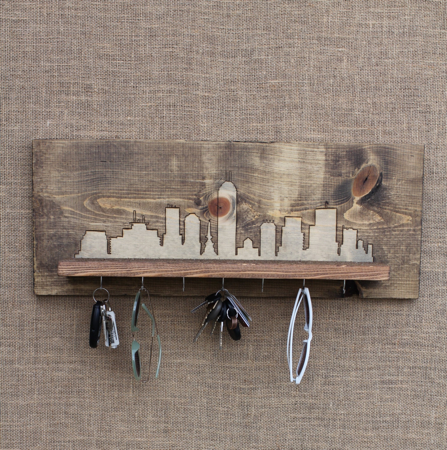 Wooden Entryway Shelf and Key Holder with Wood Burned City