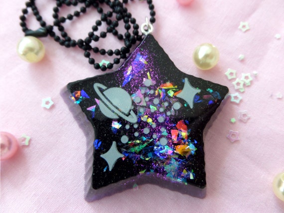 Resin Space Necklace: RESIN ADVENTURES Black and Purple Space Star Resin Necklace