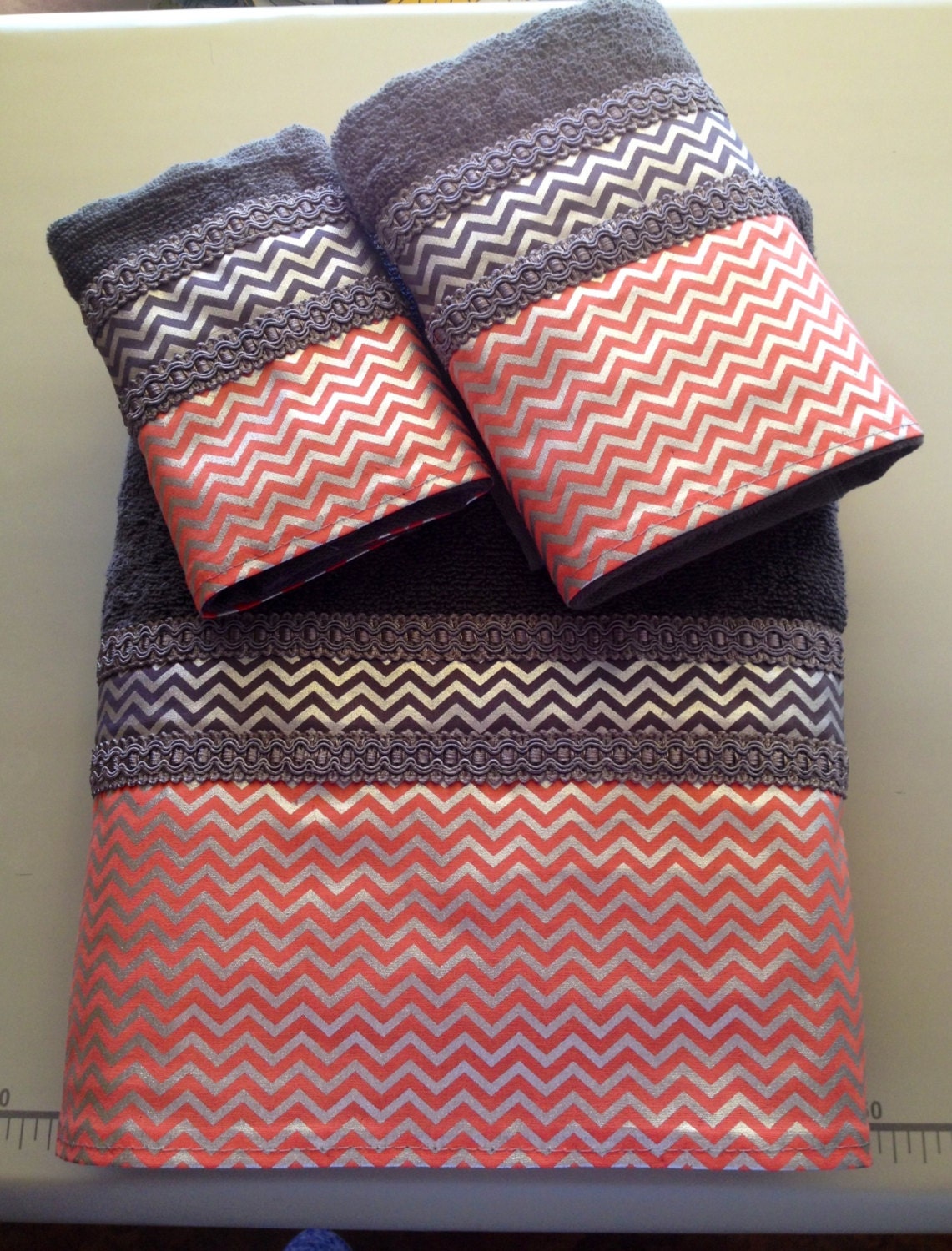 Coral Silver and Gray Chevron Bath Towel Set