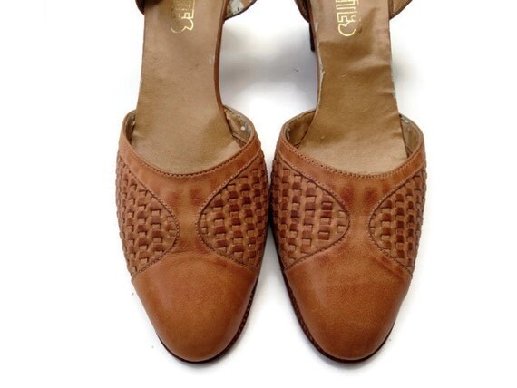 70's Woven Sandals Heels Vintage 1970's Stacked Brown