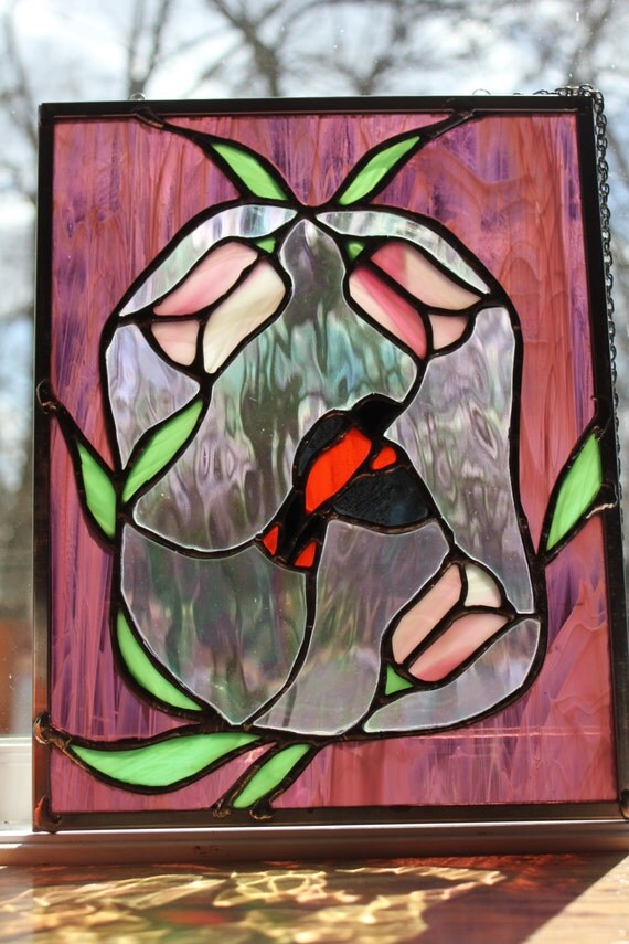 Stained glass panel oriole bird in tulips baltimore oriole