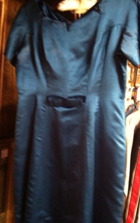 ... look 1950s blue satin French beads cocktail party dress knee length