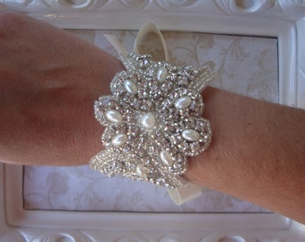 Bridal Bracelet - Couture Crystal Rhinestone and Pearl Bridal Bracelet - Bridal Cuff - Bouquet Wrap