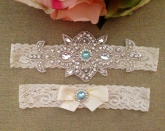 Wedding Garter - Bridal Garter - Ivory Crystal Rhinestone Garter and Toss Garter Set