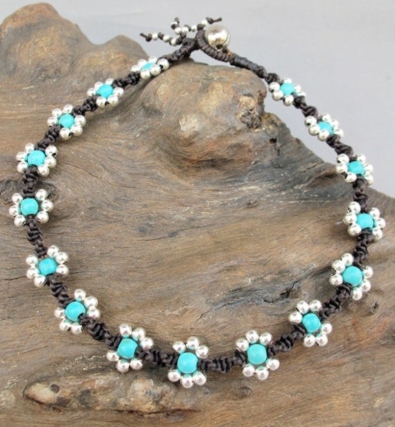 Summer Flower Ankle Bracelet 4mm Turquoise Bead Woven Flower