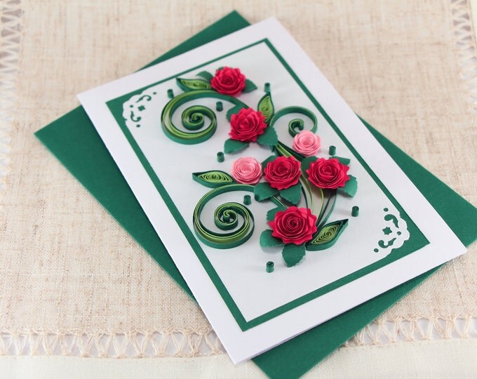 Mom Birthday Card - Handmade Quilling Greeting Card - Mum Bday Card to her - Handmade Paper Quilling with Red Quilled Roses