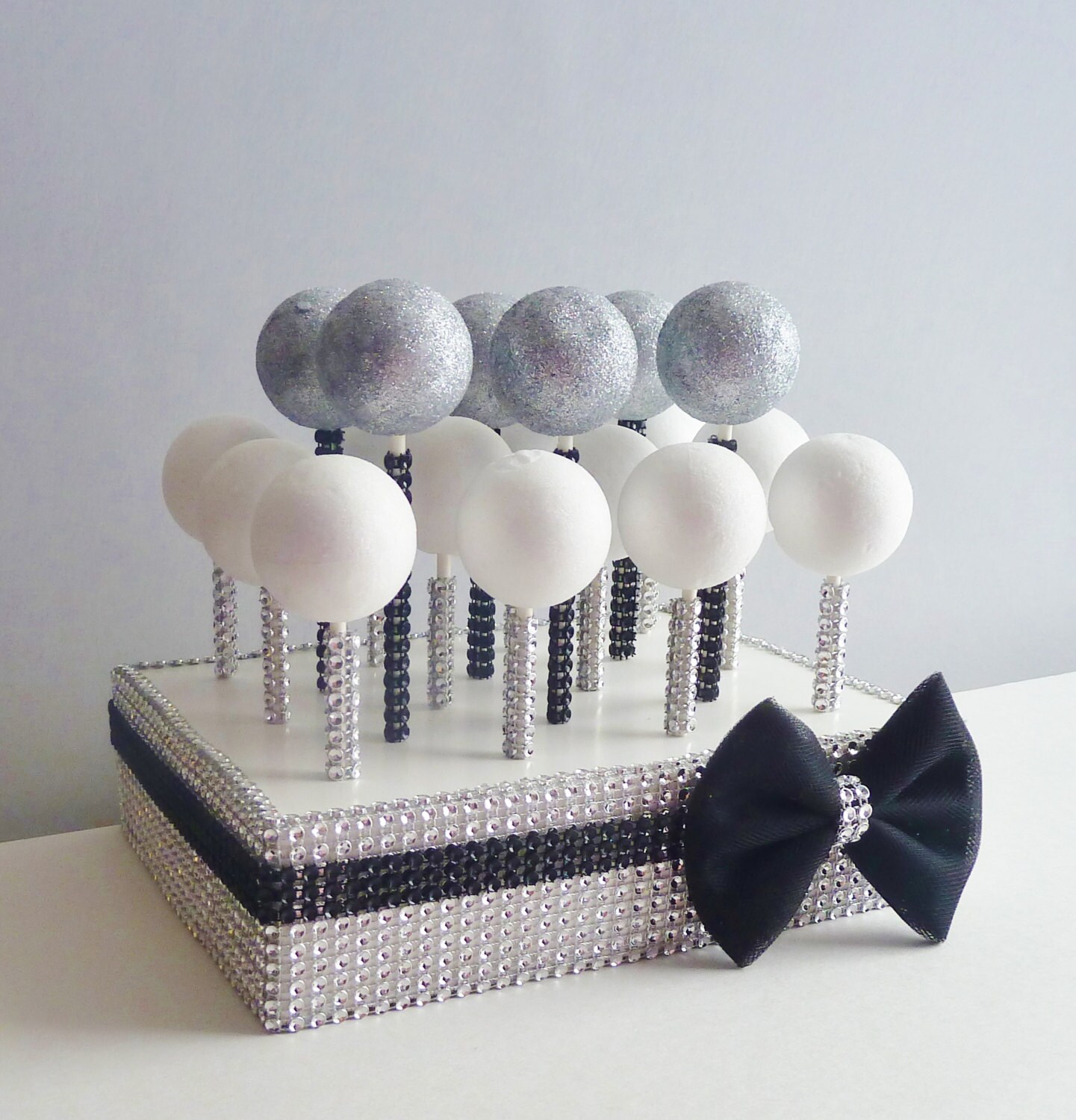 silver black tulle bow bling rhinestone cake pop stand holder