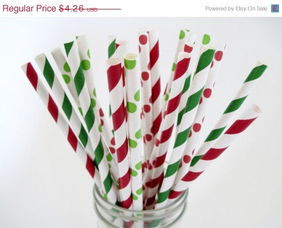 10% off - 25 Christmas Red and Green Paper Straw Mix - Stripe & Dot - ships less than 24 hours Il_570xn