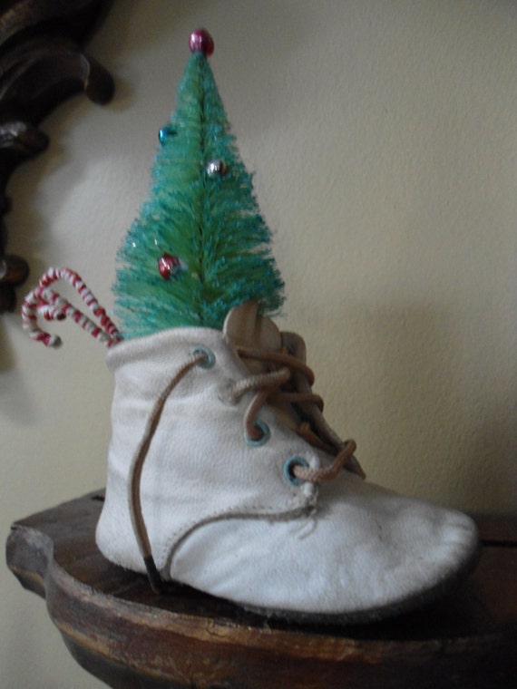 Vintage Shoe with Bottle Brush Tree and Candy Canes, Shabby Chic Christmas, Vintage Christmas, Rustic Christmas, Country Christmas