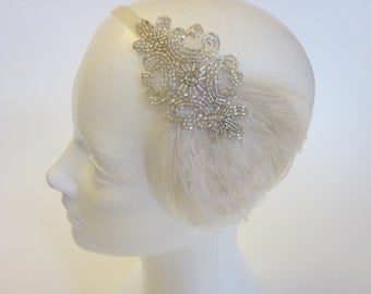 Silver 1920s headband, silver great gatsby headpiece, flapper headband, Ivory Feather, flapper dress, beaded fascinator, custom headbands