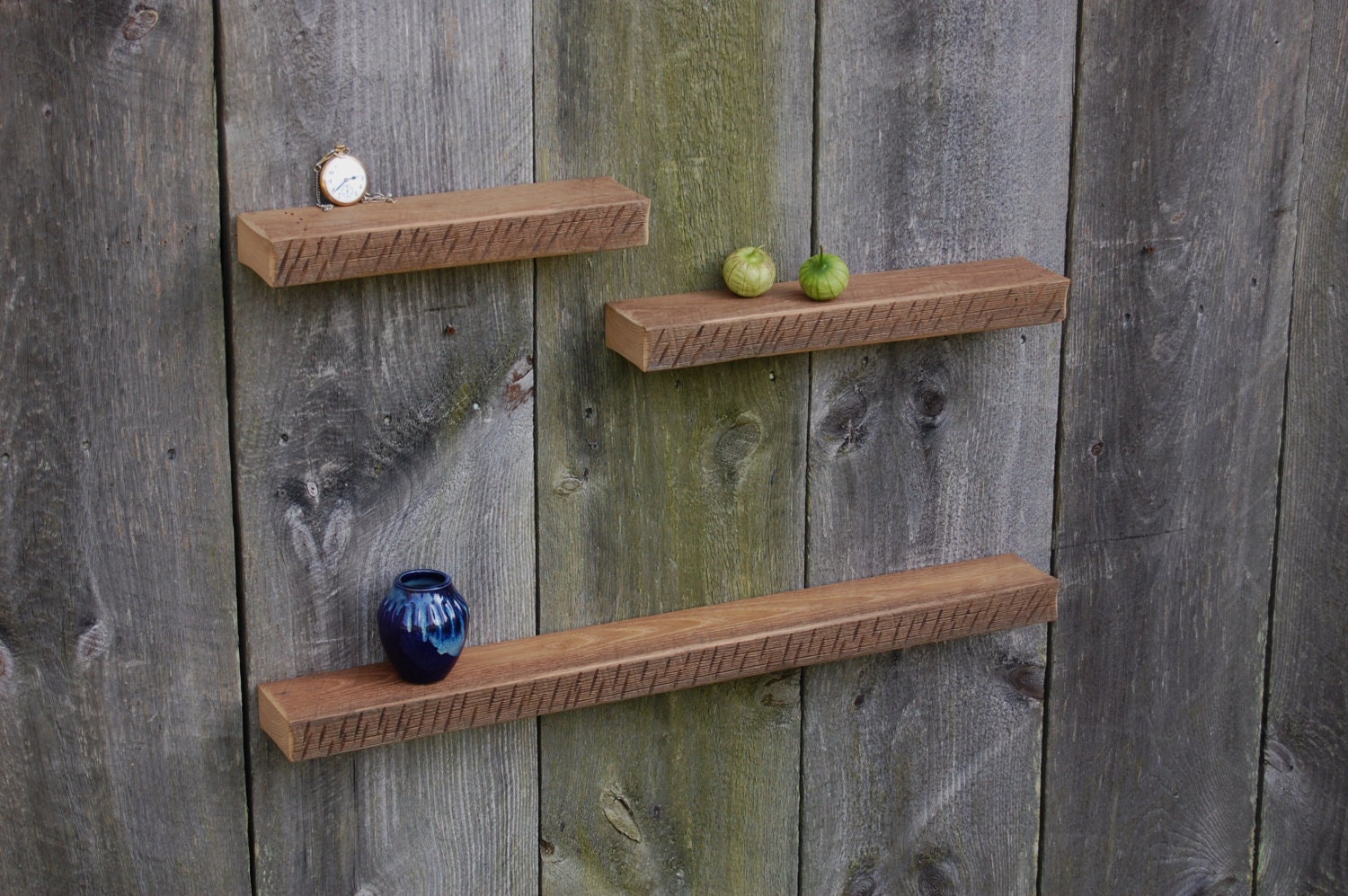 Three Vintage Chestnut Floating Shelves