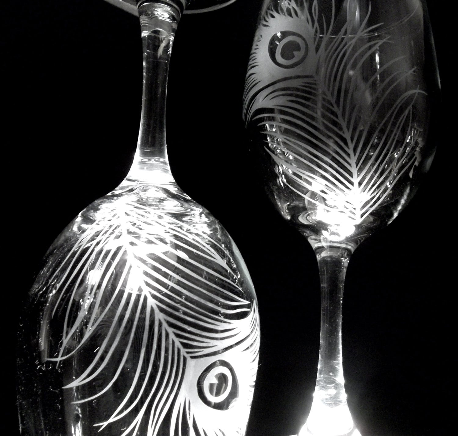 Etched wine glasses with peacock feather. Wedding gift