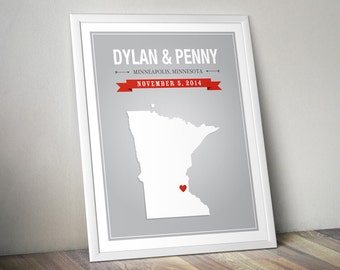 Personalized Minnesota Wedding Gift - Custom Minnesota State Map Art ...