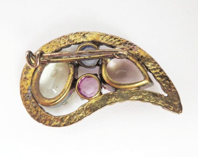 Pastel Teardrop Brooch, Vintage Blue Pink Purple Yellow Glass, Braided Gold Tone Pin