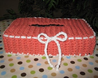 Crochet Tissue Box Cover with accent color on edges (Color: Tangerine with White trim)