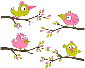 Cute Funny Birds Clip art, Tree Branches, Birds Digital Clipart - Instant Download