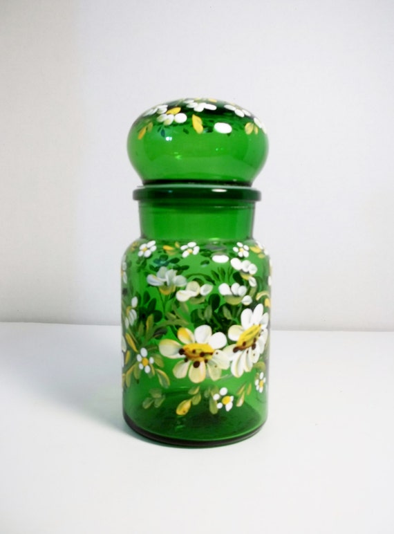 Green Glass Apothecary Storage Canister Jar Hand Painted