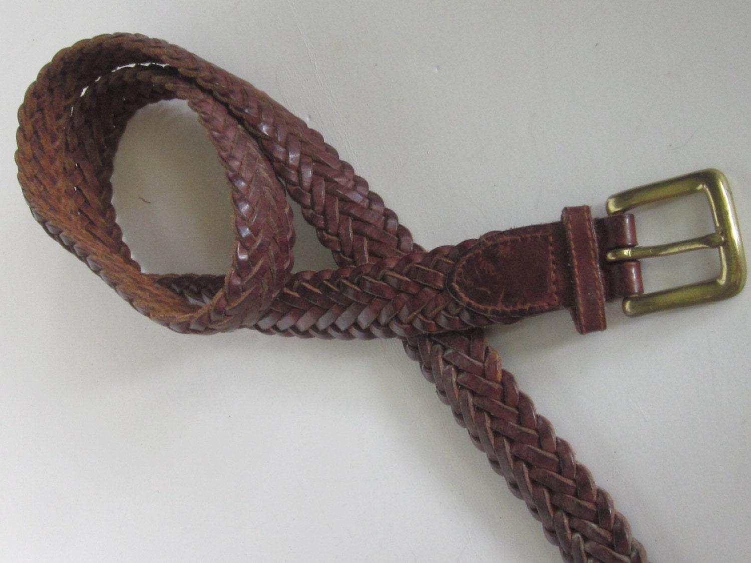 Men's WOVEN BRAIDED Oxblood Leather Belt with Brass Square
