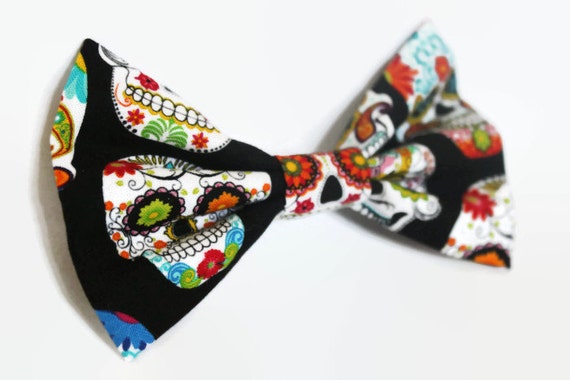 Sugar Skull Hair Bow Clip - Womens Hair Accessories - Day of the Dead, Halloween - Black, Colorful - Rockabilly