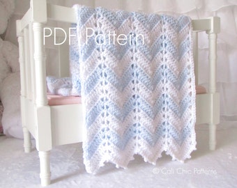 Crochet Blanket PATTERN 55 - Chevron Series - Baby Blanket PATTERN 55 - Blue and White - Instant Download PDF