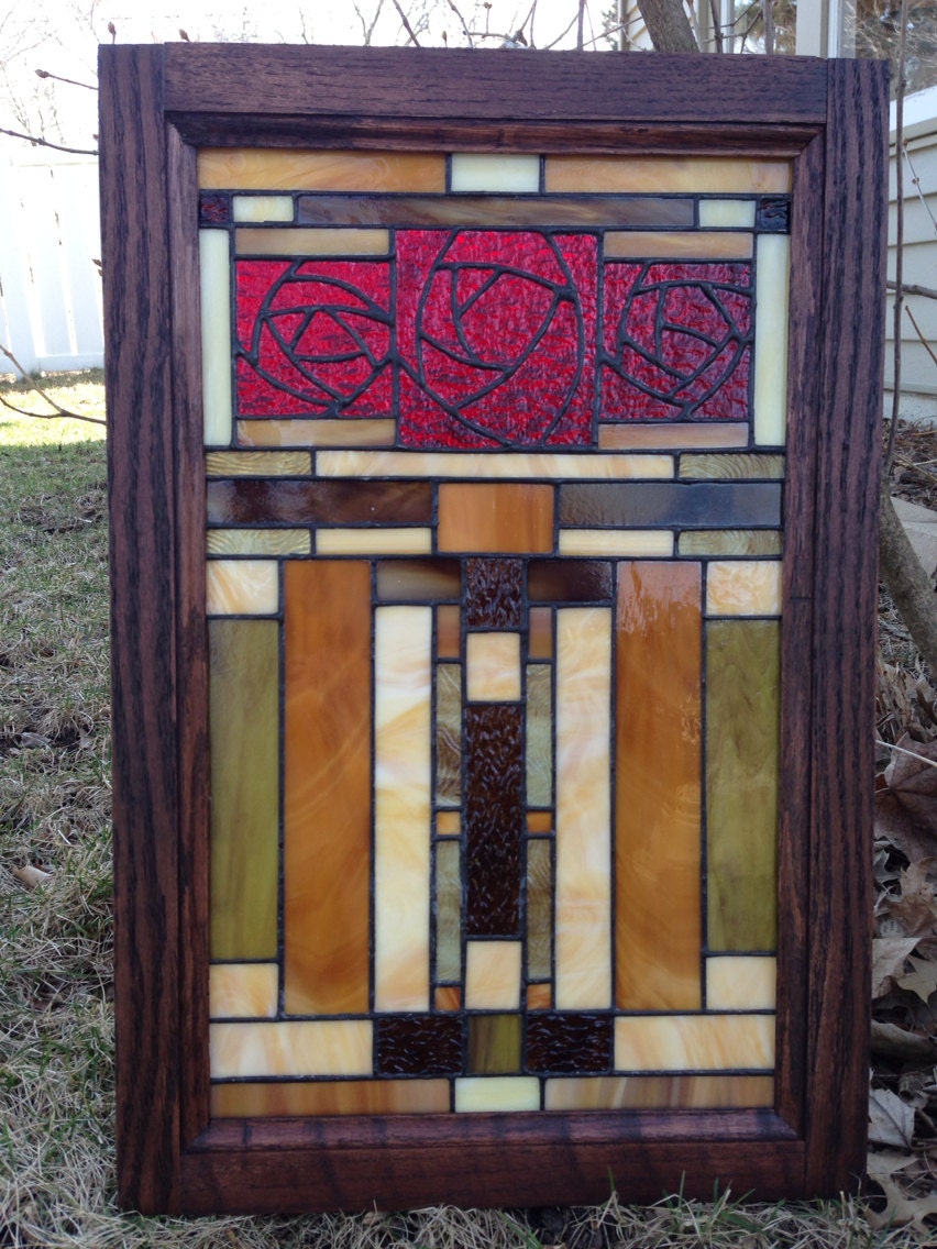 Craftsman rose stained glass window panel