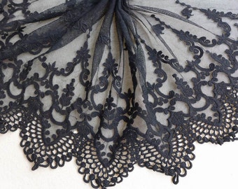 Vintage Black Embroidery Lace 11" Wide Cotton Tulle Lace Fabric Trim Bridal dresses Lace ONE yard