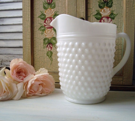 Vintage Hobnail Milk Glass Pitcher Shabby Chic White Glass