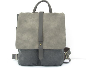 Black Canvas Backpack, Heavy Cotton and Leather, Small Backpack, Rucksack