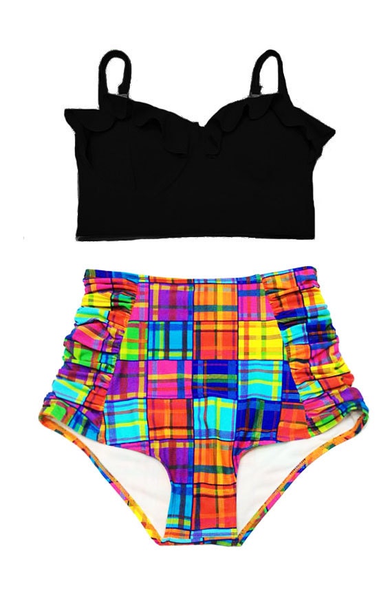 Black Midkini Top and Plaid Multi Color Highwaisted High