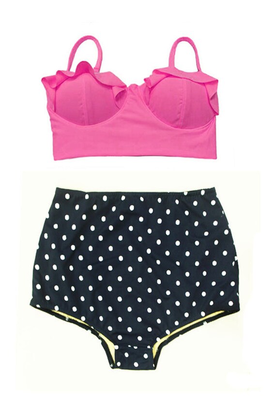 Pink Midkini Pad Top and Navy Blue Polka dot Highwaisted High