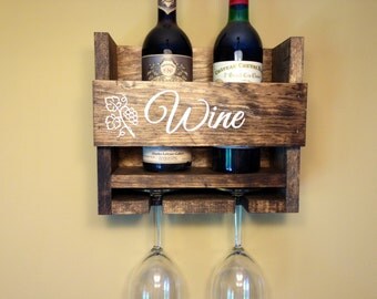 Wine Rack Personalized Custom Rustic 2 Bottle Wall Mount Wine Rack with 2 Glass Slot Holder, Wall Decor, vintage, Handmade