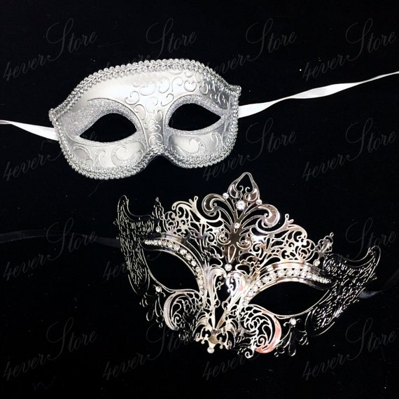 Couple's Matching Masquerade Masks  Silver White Themed