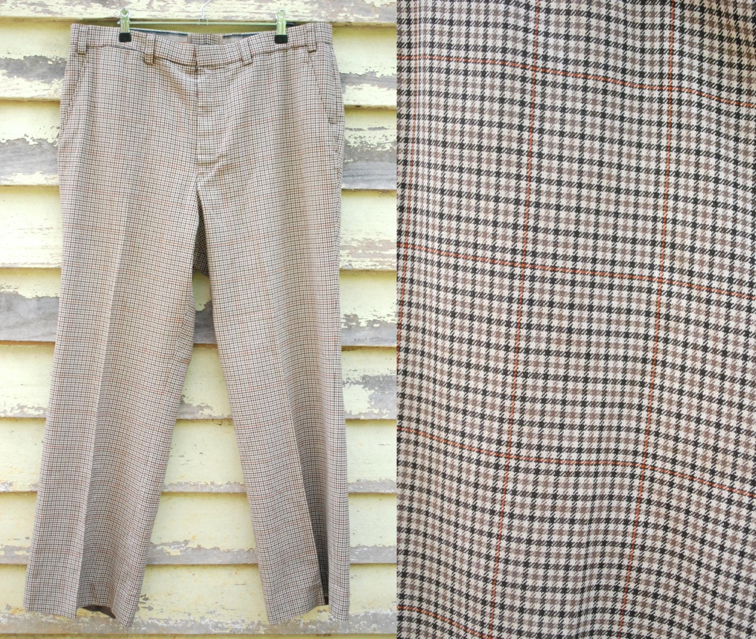 70s Vintage Mens Plaid Pants Checkered Trousers Grandpa Brown