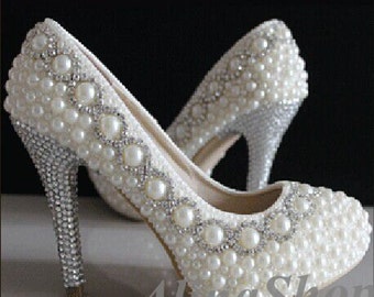 Items similar to Handmade Super high heels crystal and pearl shoes ...
