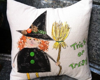 Whimsical, Halloween, Witch, Fall Decor, Seasonal Decorations, Trick or Treat, Pillow Cover, No. 351